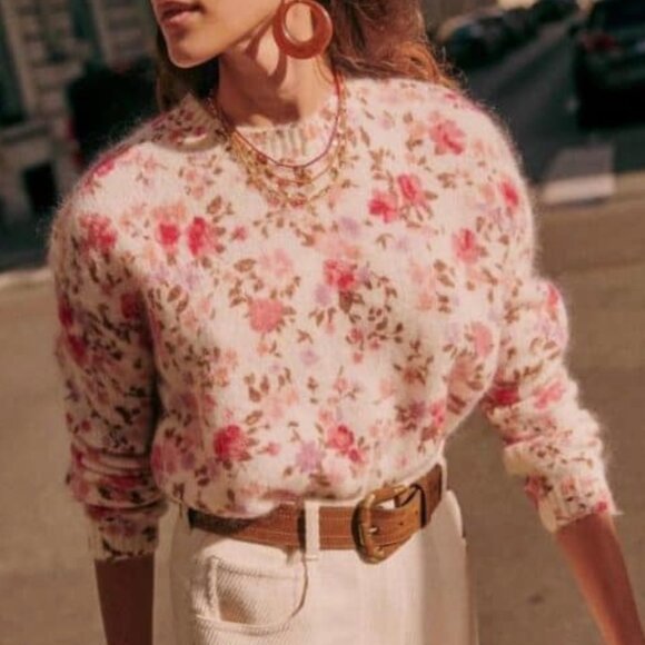 Sezane Amaya Jumper Ecru Blush Floral Crewneck Sweater Causal French - Picture 2 of 10